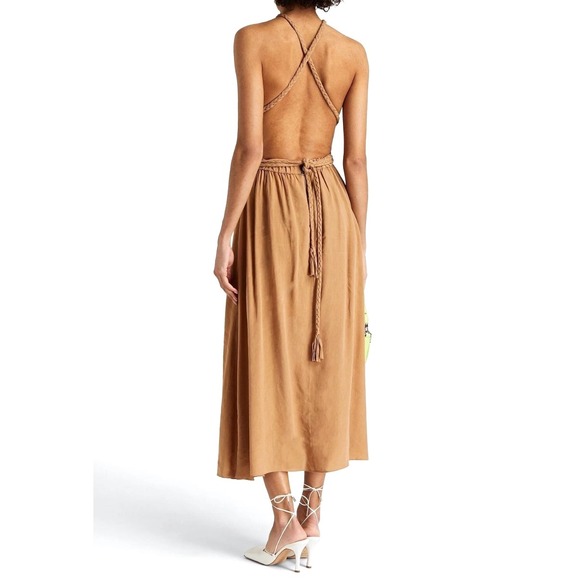 NEW‎ ALICE + OLIVIA Faith Braided Cut Out Open Back Midi Dress Size 6 Tan Linen - Picture 3 of 12